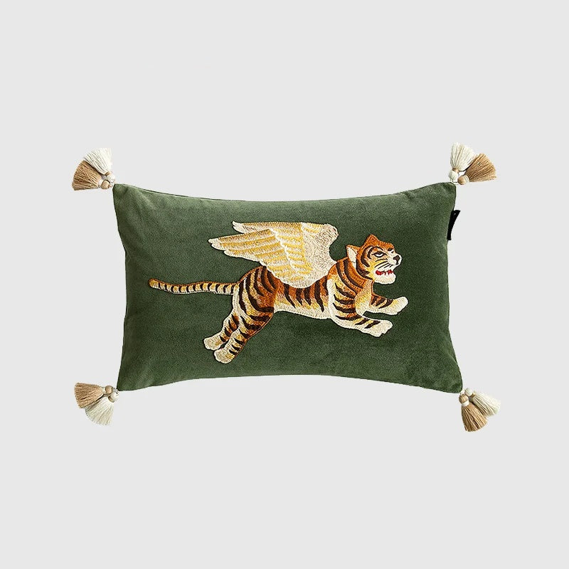 Tiger with Wings Embroidered Lumbar Pillow Case