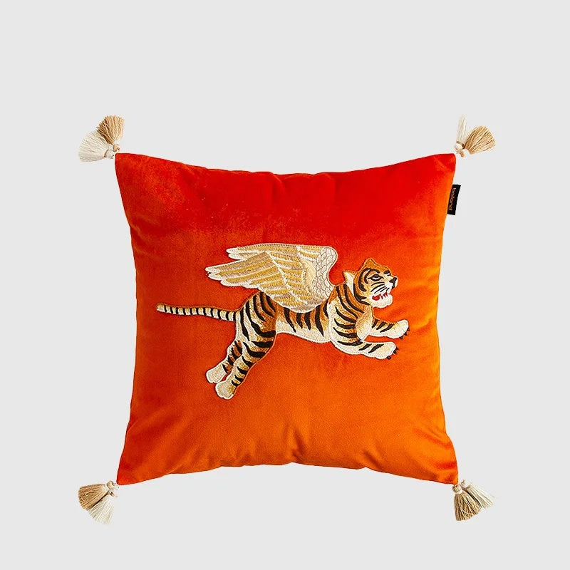 Tiger with Wings Embroidered Lumbar Pillow Case