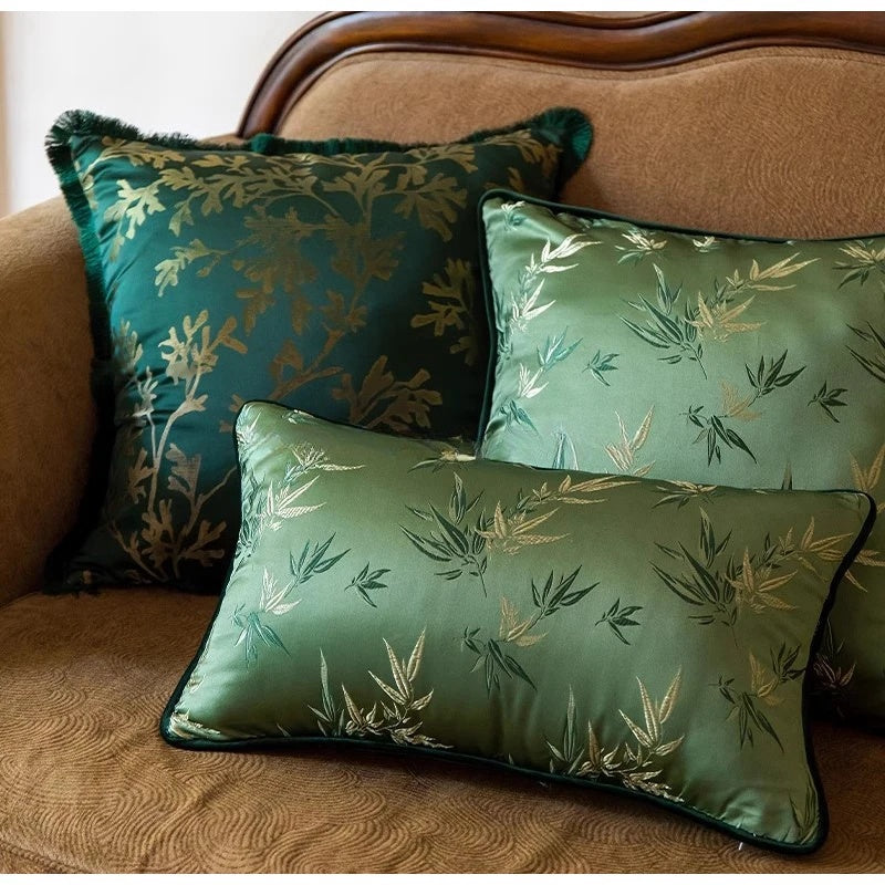 Oriental Art Bamboo Leaves Jacquaard Throw Pillow Case