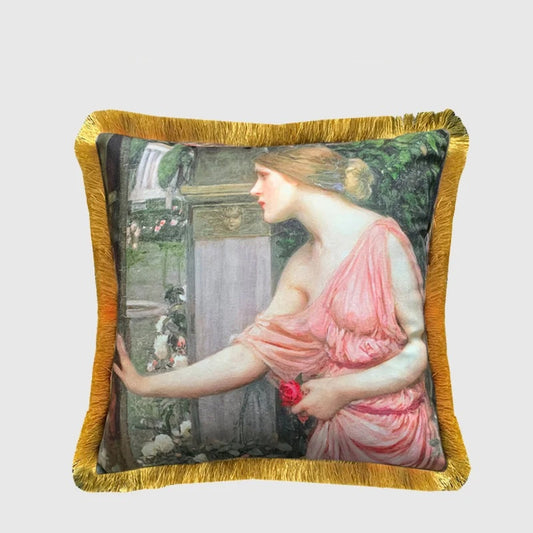 Vintage Girls Oil Painting Throw Pillow Case with Tassels