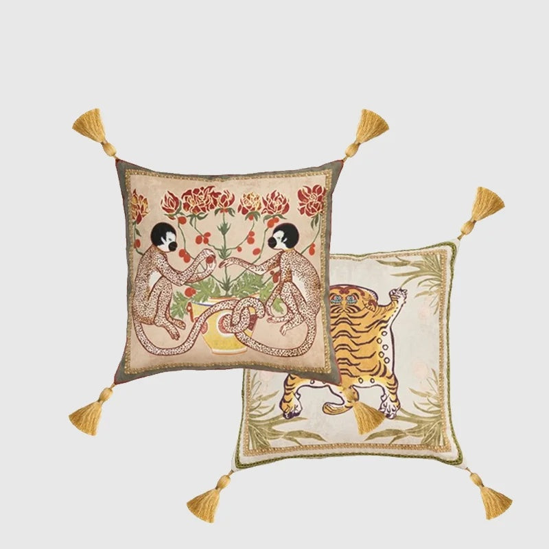 Mystical Monkey and Tibetan Tiger Throw Pillow Case