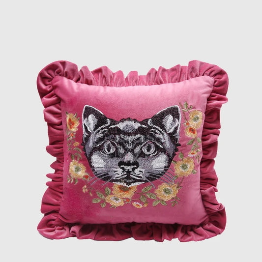 Pink Cat Embroidery Ruffled Throw Pillow Case