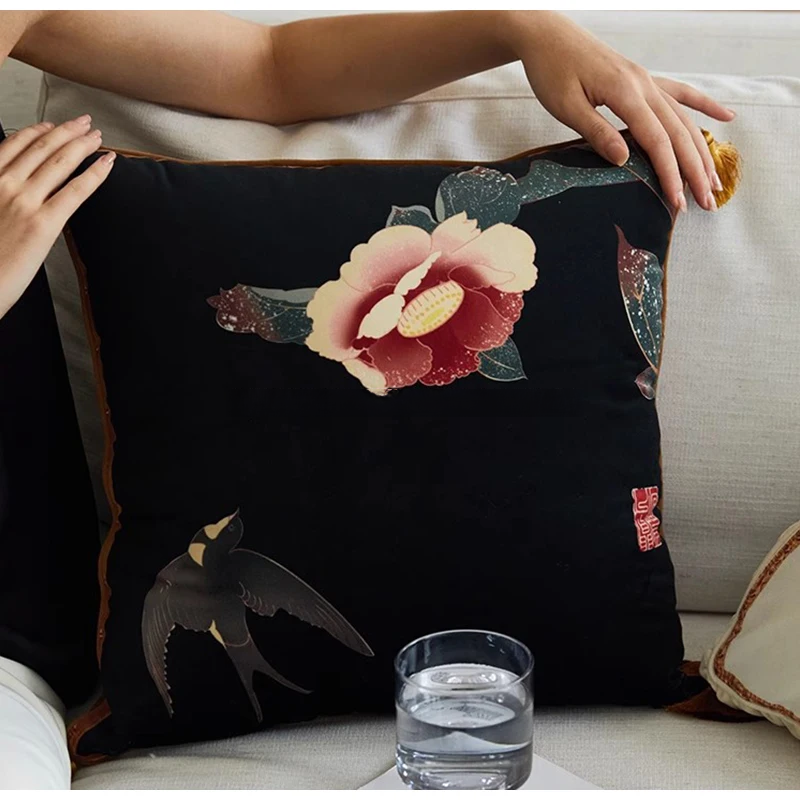 Swallow and Peony Flowers Throw Pillow Case