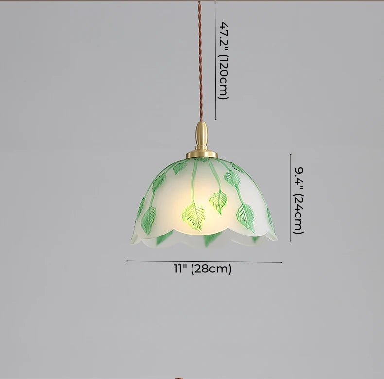 Kupferfarbene Glas-Pendelleuchte mit Blattranke