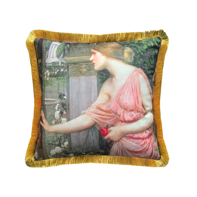 Vintage Girls Oil Painting Throw Pillow Case with Tassels