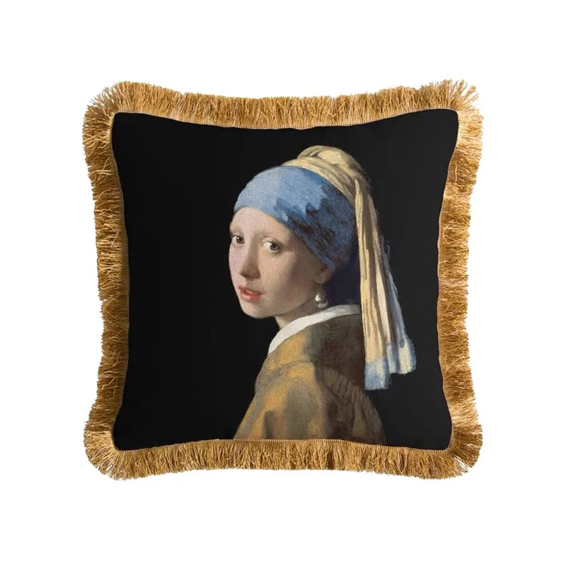 Vintage Girls Oil Painting Throw Pillow Case with Tassels