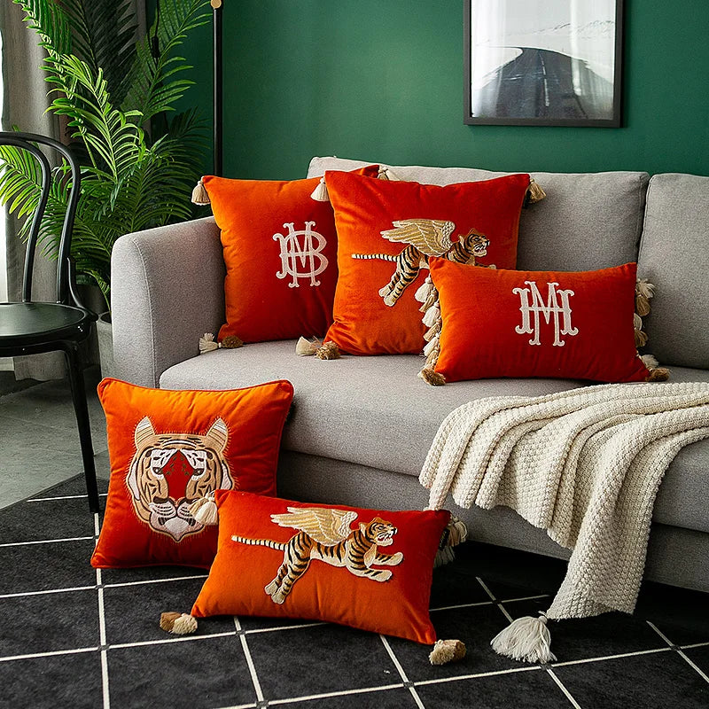 Tiger with Wings Embroidered Lumbar Pillow Case