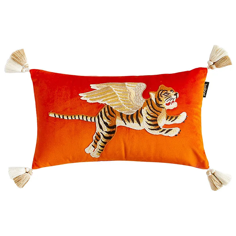 Tiger with Wings Embroidered Lumbar Pillow Case