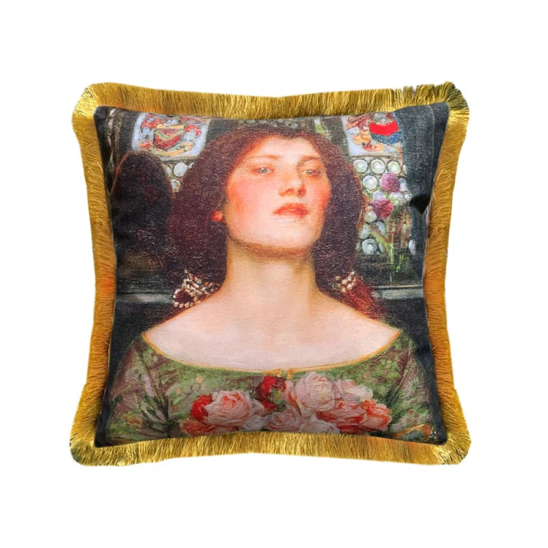 Vintage Girls Oil Painting Throw Pillow Case with Tassels