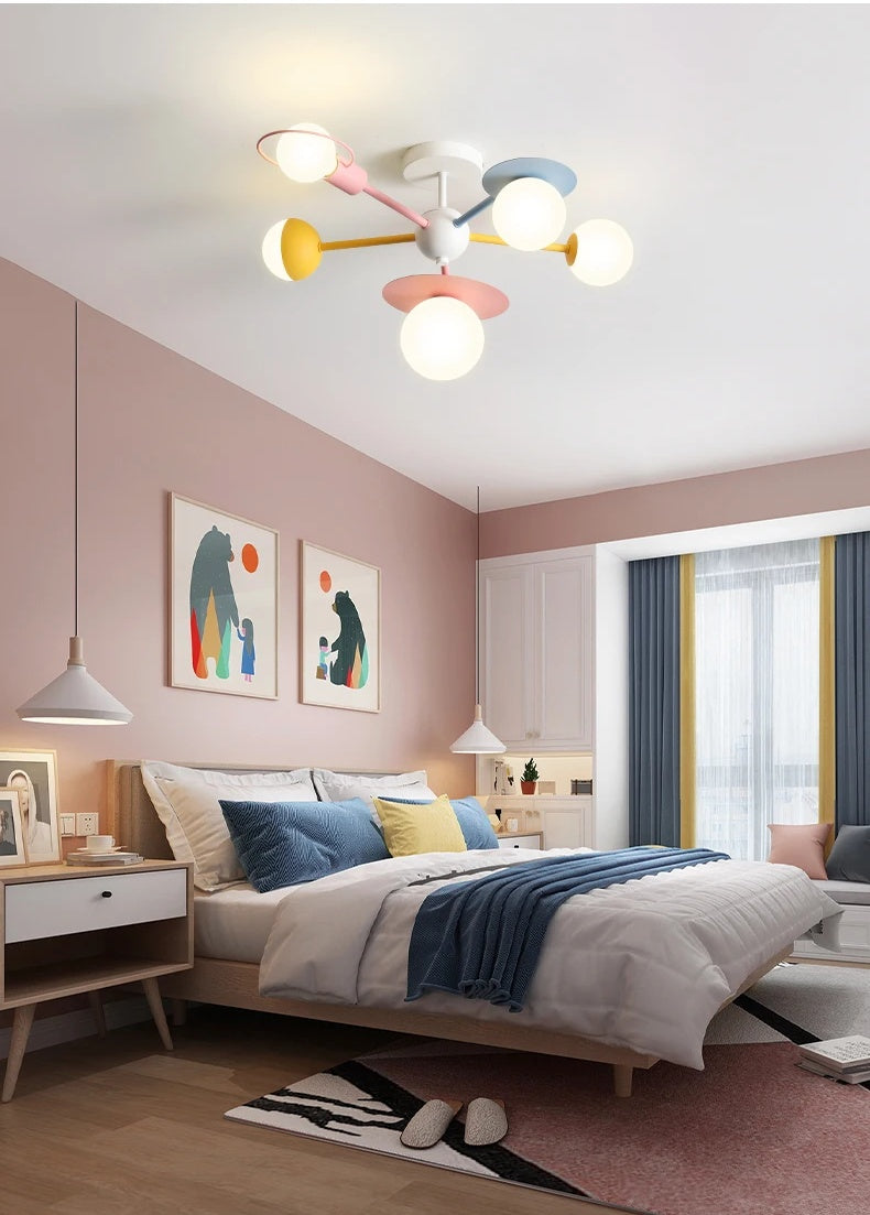 Modern Bedroom Milk Glass Ball Semi Flush Chandelier for Kids