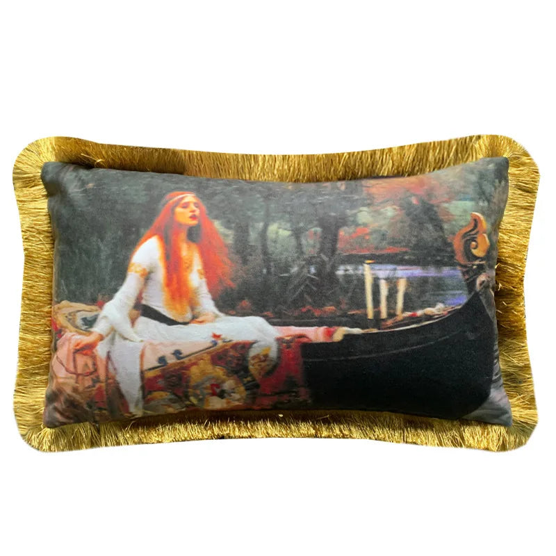 Vintage Girls Oil Painting Throw Pillow Case with Tassels