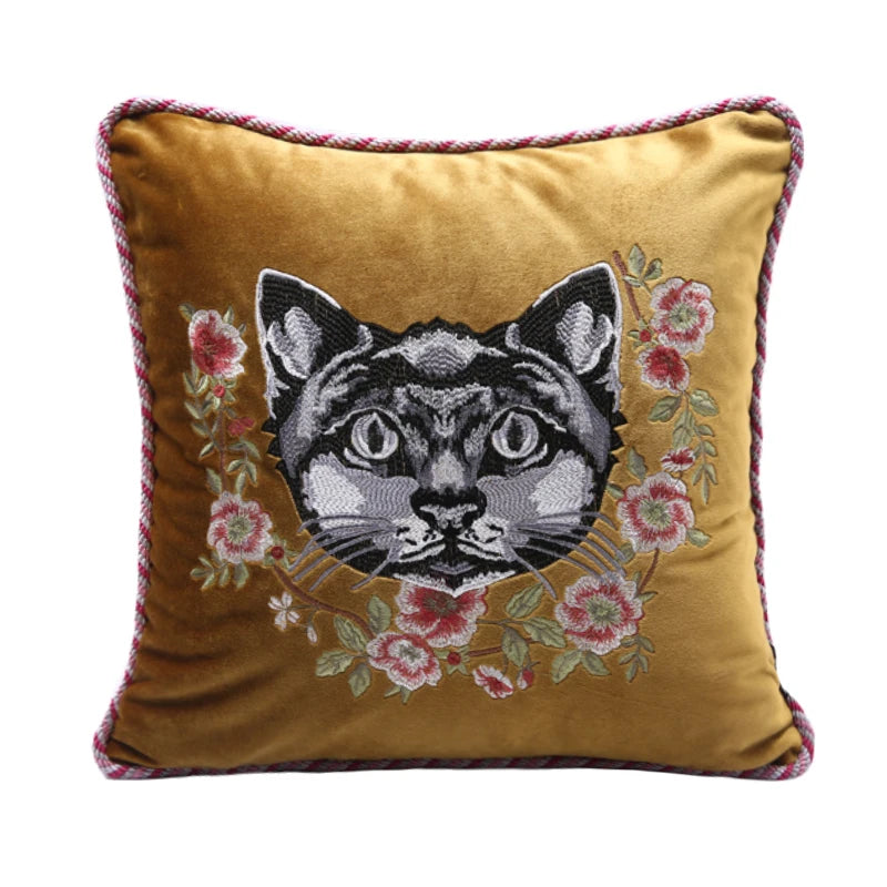 Pink Cat Embroidery Ruffled Throw Pillow Case