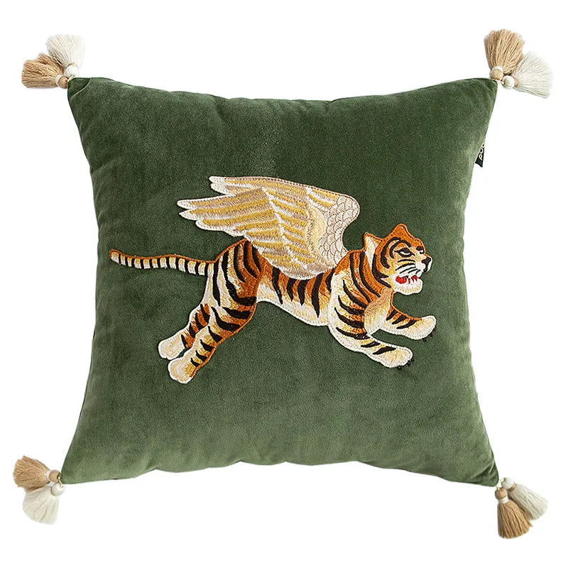 Tiger with Wings Embroidered Lumbar Pillow Case