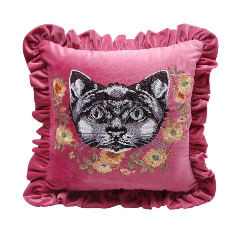 Pink Cat Embroidery Ruffled Throw Pillow Case