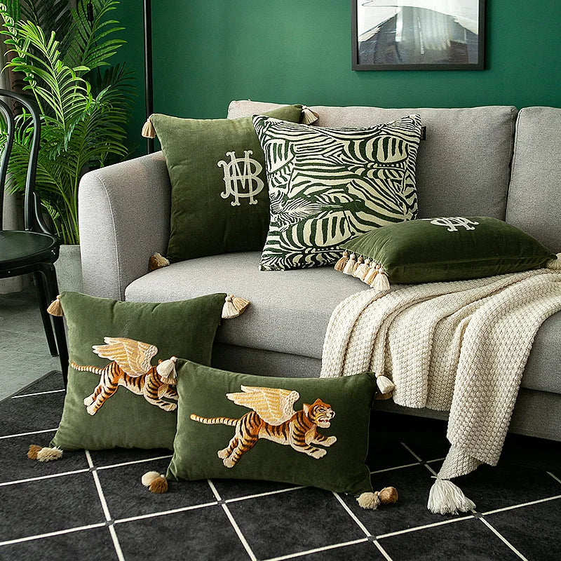 Tiger with Wings Embroidered Lumbar Pillow Case