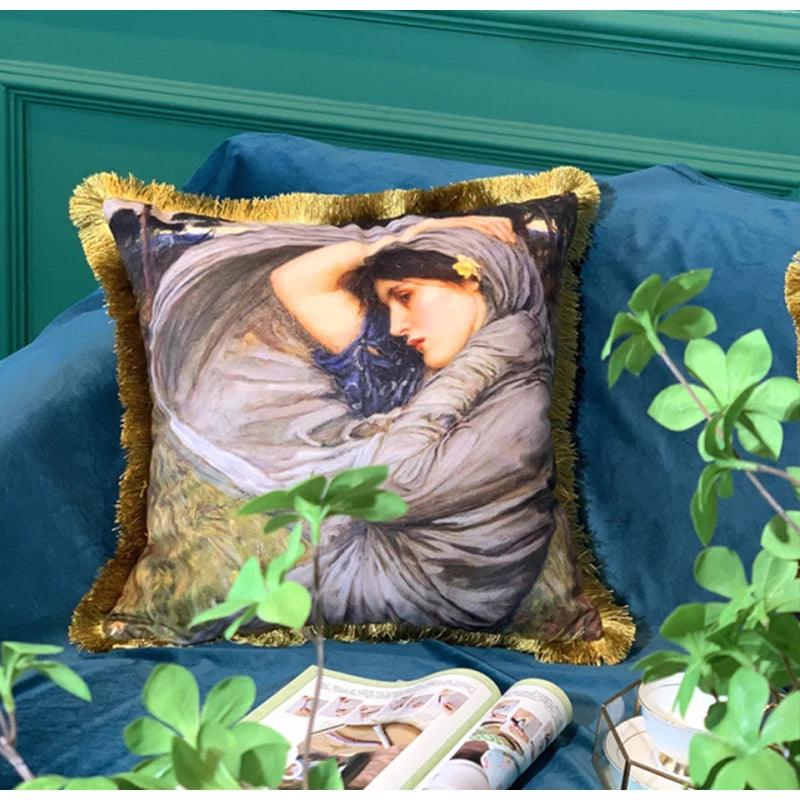 Vintage Girls Oil Painting Throw Pillow Case with Tassels