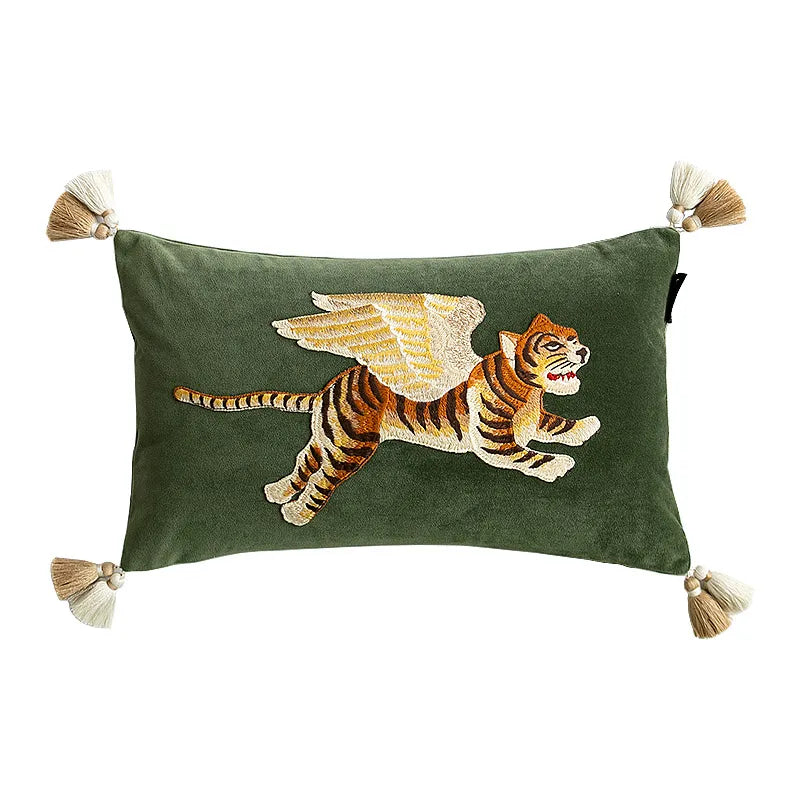 Tiger with Wings Embroidered Lumbar Pillow Case