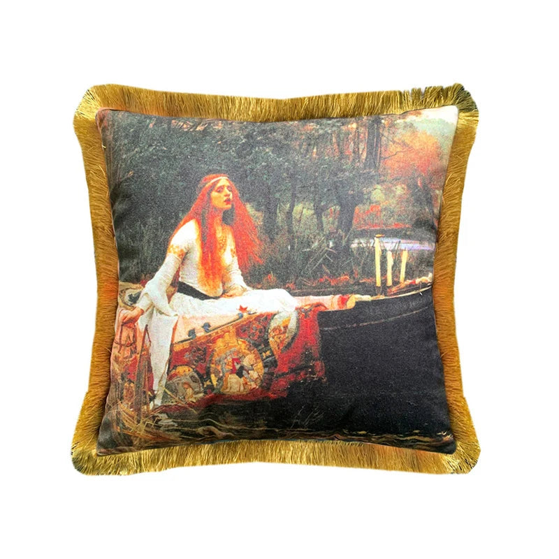 Vintage Girls Oil Painting Throw Pillow Case with Tassels