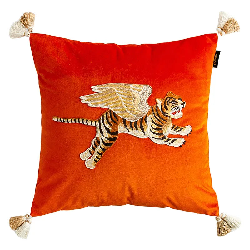 Tiger with Wings Embroidered Lumbar Pillow Case