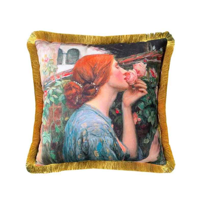 Vintage Girls Oil Painting Throw Pillow Case with Tassels