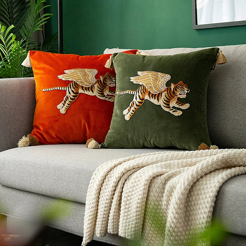 Tiger with Wings Embroidered Lumbar Pillow Case