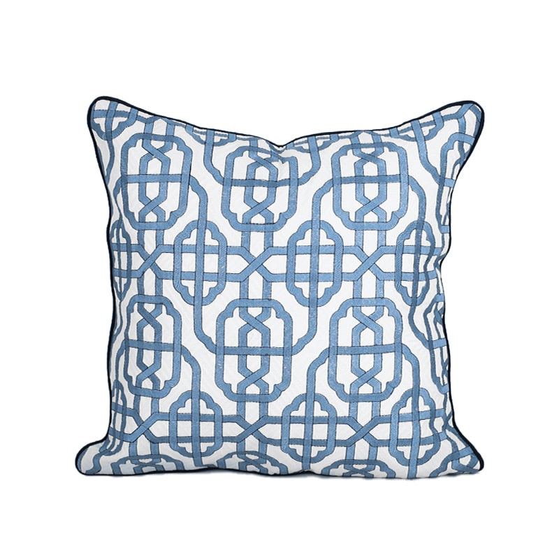 Indigo Blue and White Flat Outline Moroccan Pattern Pillow Case 50x50cm