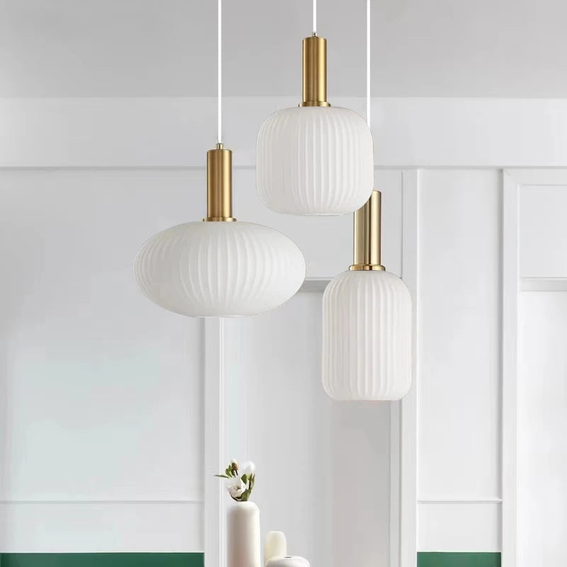 Modern Fluted Milk Glass Pendant Light, Frosted White