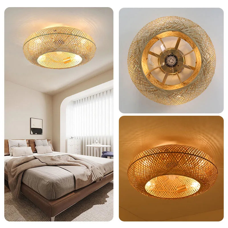 Natural Bamboo Rattan Woven Light with Ceiling Fans