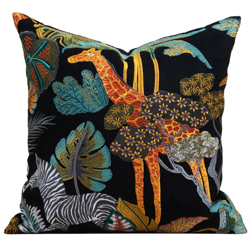 Medieval Jungle Giraffe and Zebra Embroidery Pillow Case