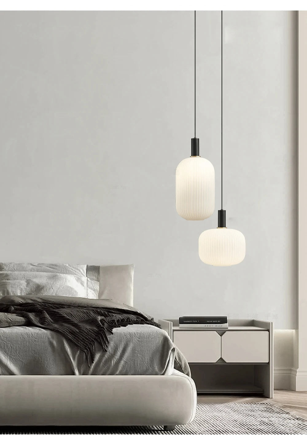 Modern Fluted Milk Glass Pendant Light, Frosted White