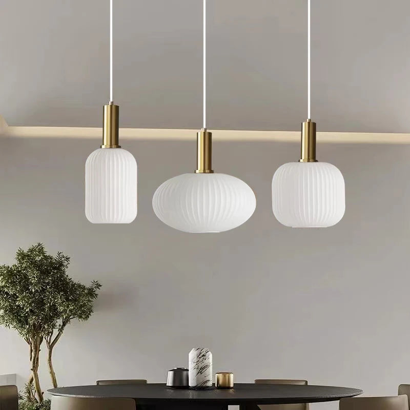 Modern Fluted Milk Glass Pendant Light, Frosted White