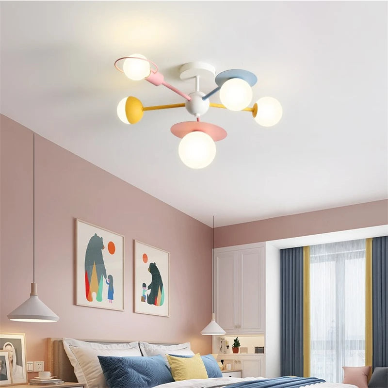 Modern Bedroom Milk Glass Ball Semi Flush Chandelier for Kids