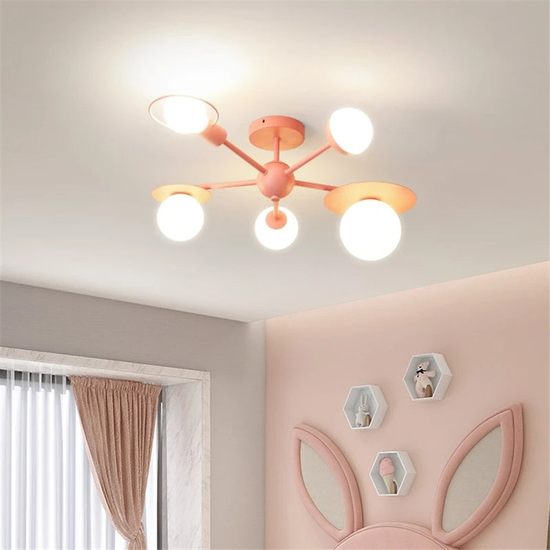 Modern Bedroom Milk Glass Ball Semi Flush Chandelier for Kids