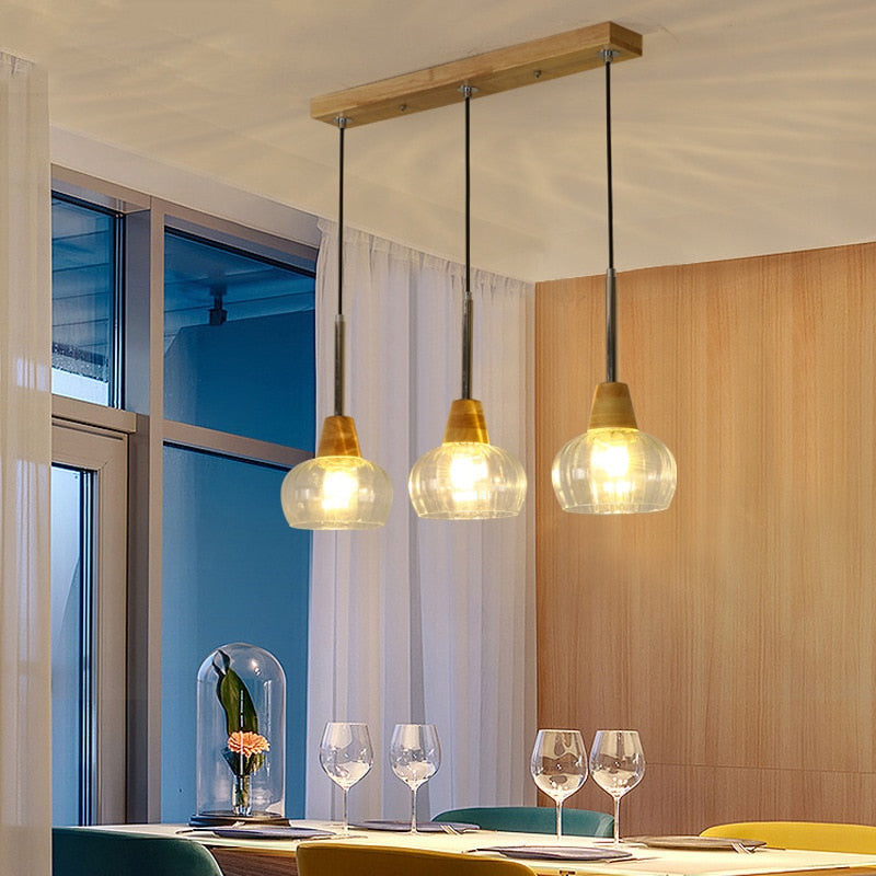 Japanese Wood Amber Glass Pendant Lights