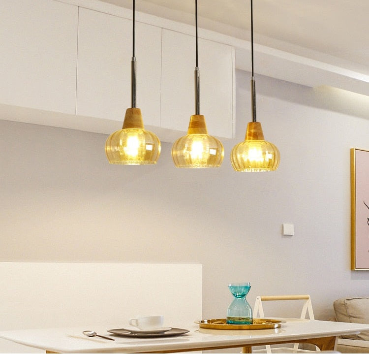 Japanese Wood Amber Glass Pendant Lights