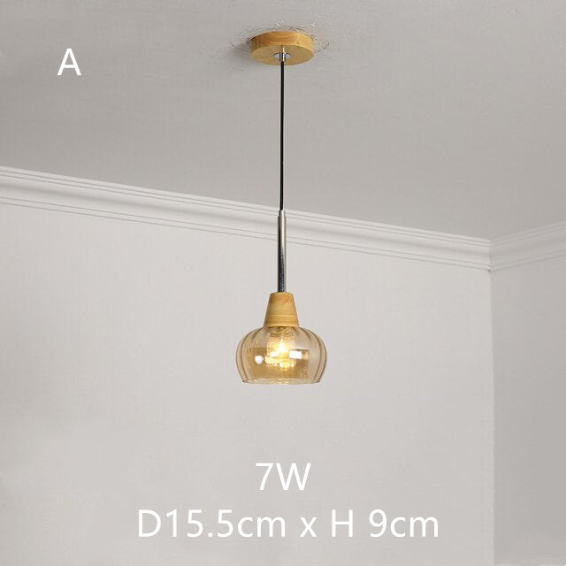 Japanese Wood Amber Glass Pendant Lights