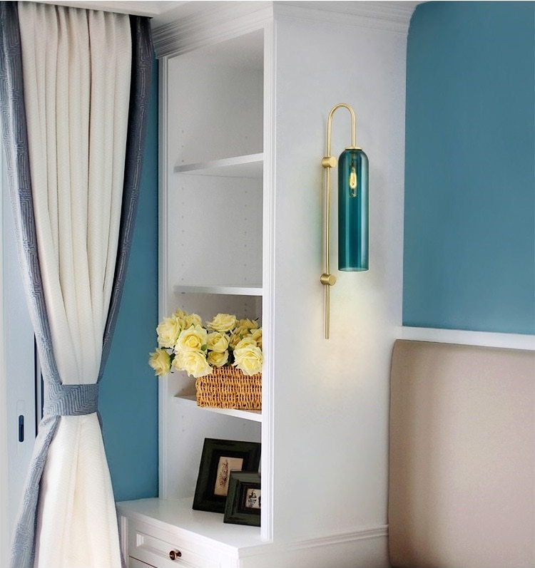 Modern Teal Cylinder Glass Wall Lamp