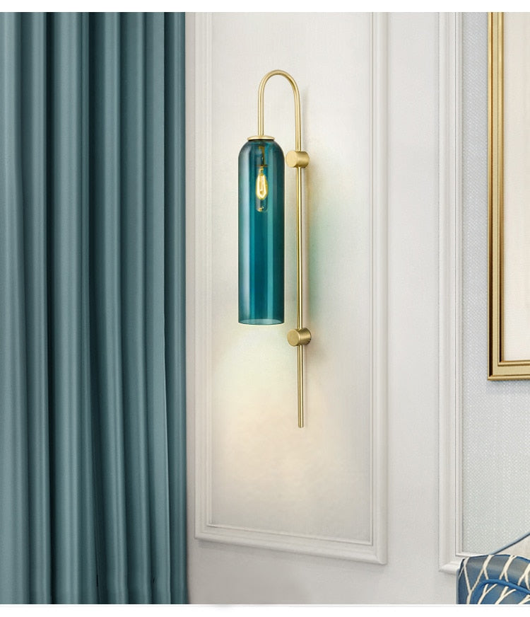 Modern Teal Cylinder Glass Wall Lamp