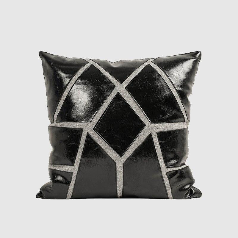 Patchwork Leather Throw Pillow Case, Black Gray