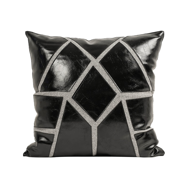 Patchwork Leather Throw Pillow Case, Black Gray