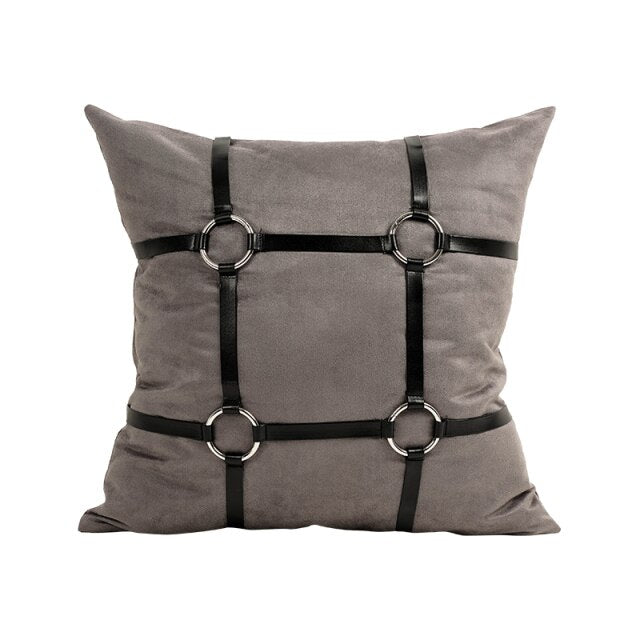 Patchwork Leather Throw Pillow Case, Black Gray