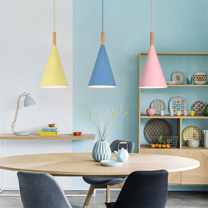 Modern Macaron Wood Metal Pendant Light