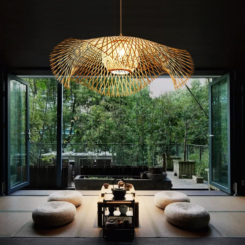 Top Hat Bamboo Rattan Hanging Pendant Light