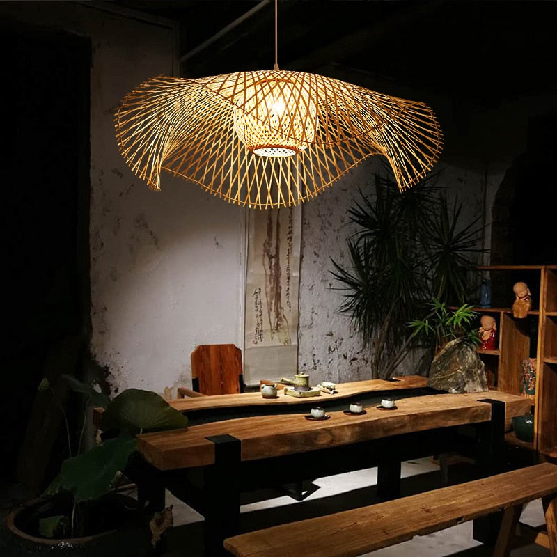 Top Hat Bamboo Rattan Hanging Pendant Light