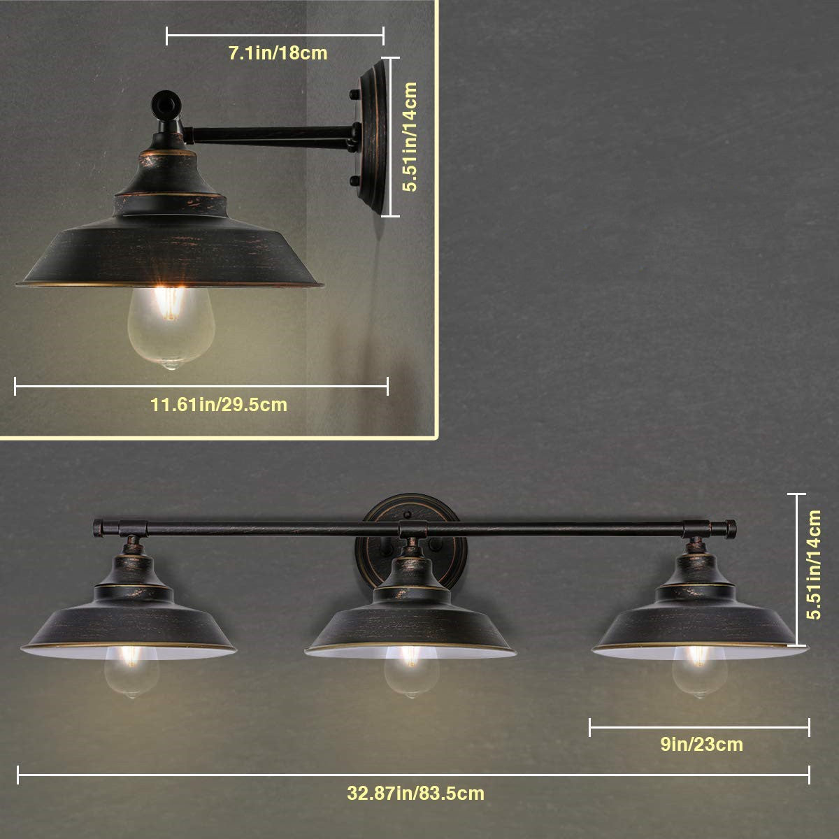 Rustikale, moderne Schminktischleuchte (x3 Lichter)