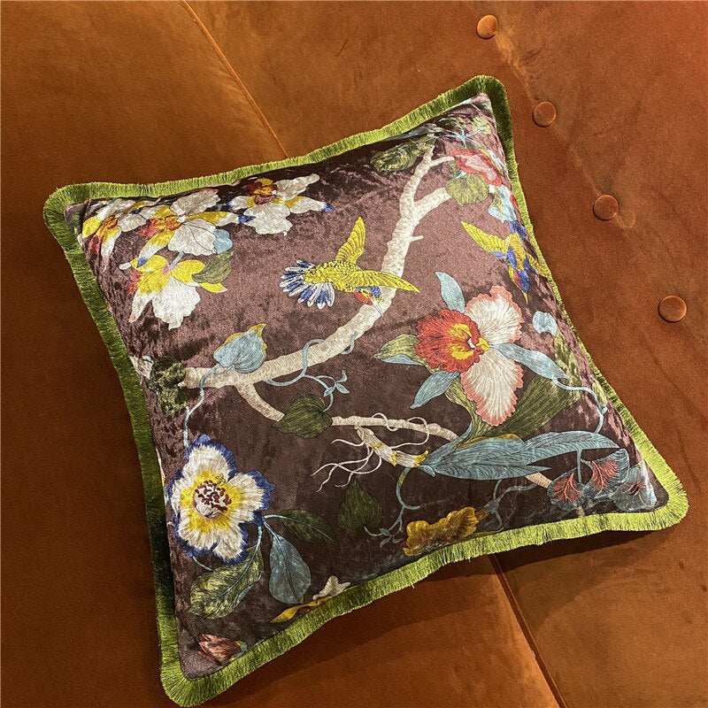 Italy Shiny Velvet Floral Hummingbird Pillow Case, 50X50cm