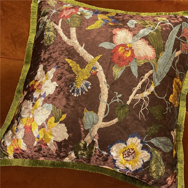 Italy Shiny Velvet Floral Hummingbird Pillow Case, 50X50cm