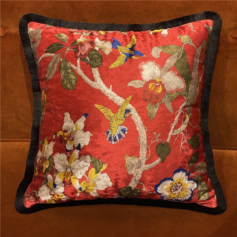 Italy Shiny Velvet Floral Hummingbird Pillow Case, 50X50cm