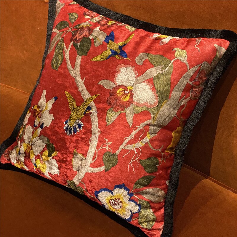 Italy Shiny Velvet Floral Hummingbird Pillow Case, 50X50cm