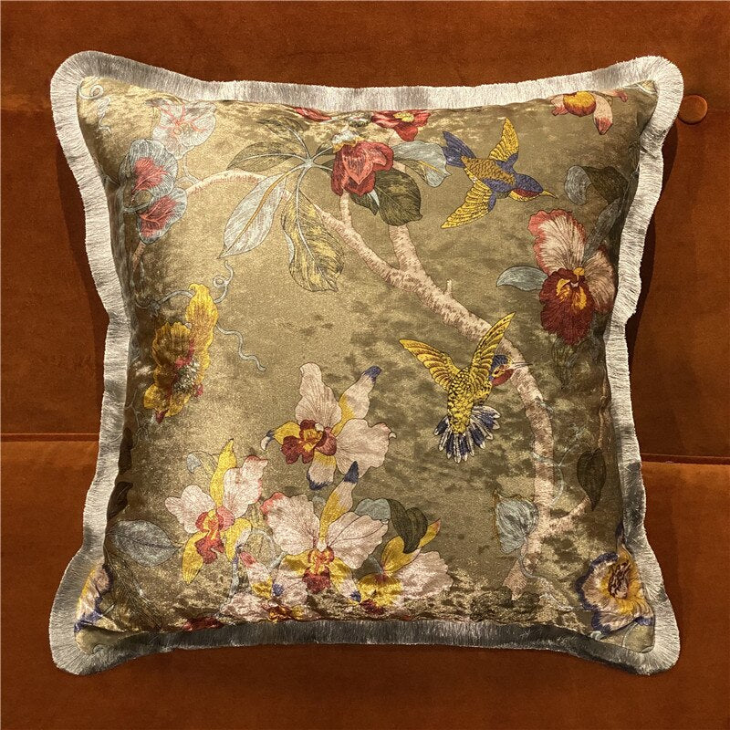 Italy Shiny Velvet Floral Hummingbird Pillow Case, 50X50cm